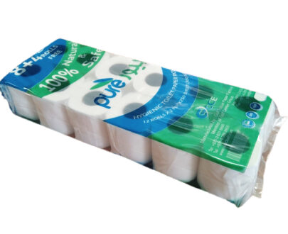 PURE TOILET ROLL TISSUE, 250SHEET, 17GSM, 2PLY, EMBOSSED, 10CMX10CM, 12ROLLS (8+4FREE) / PACK